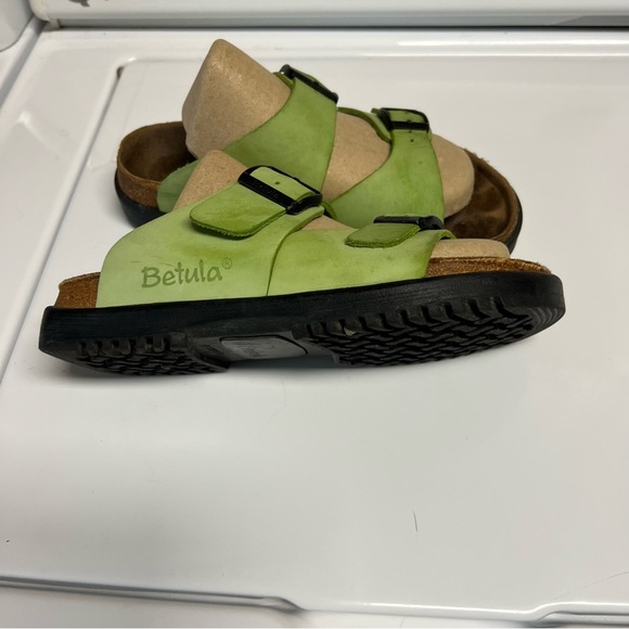 Birkenstock Betula platform Arizona 2 strap slide neon green leather black buckl - Picture 9 of 12